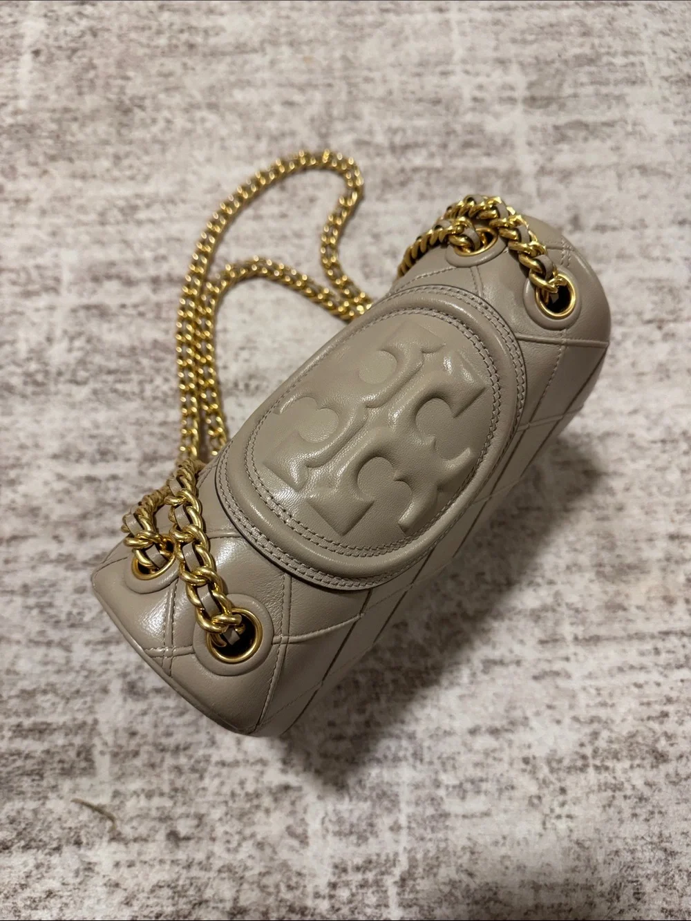Tory Burch Quilted Taupe Leather Chain Shoulder Bag